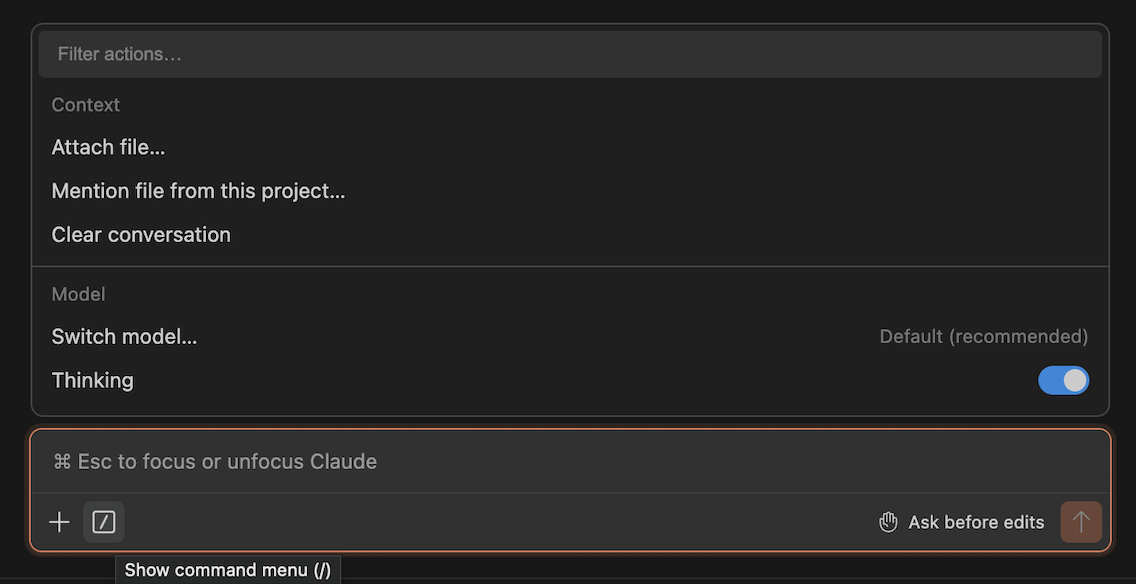 Claude command menu in the bottom-left of VS Code.
