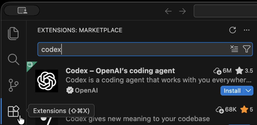 VS Code Extensions view opened and searching for Codex.