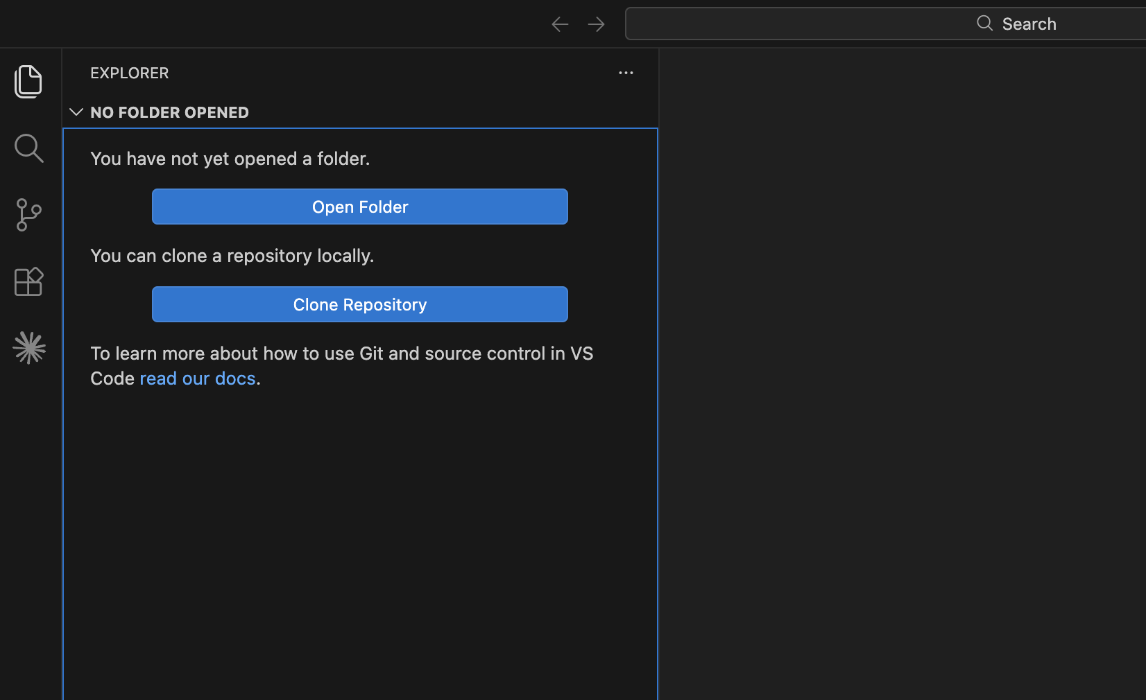 Empty VS Code window showing the Open Folder action.